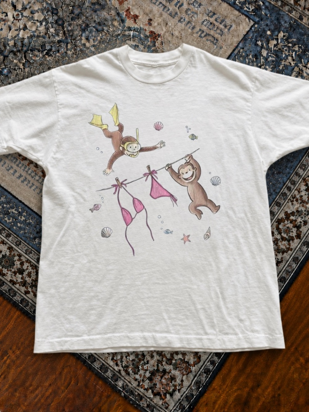 Gildan White Graphic Tee with Playful Monkeys and Pink Bikini